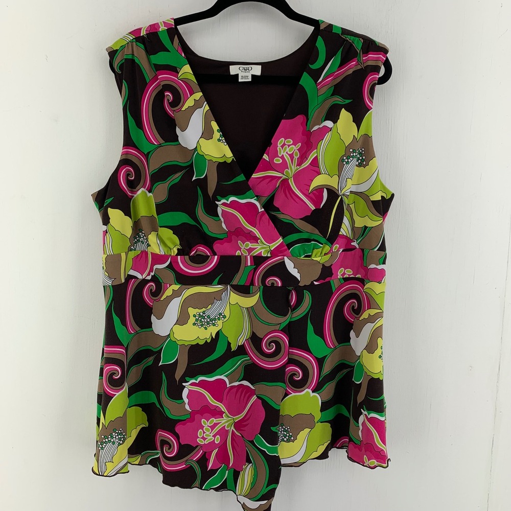 Office Career Woman 18/20W Floral Faux Wrap Sleeveless Top Boho Retro Colorful